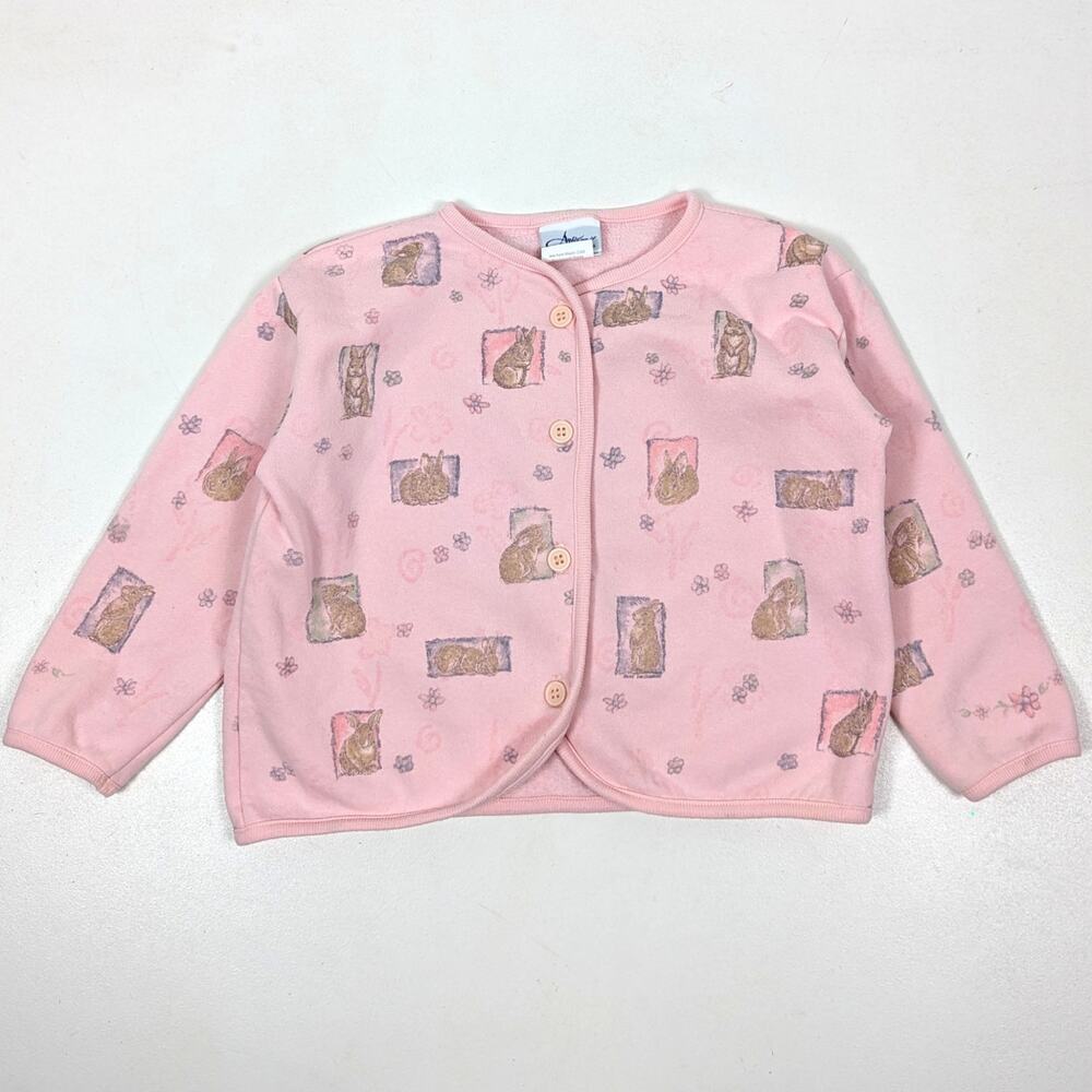 Vintage 90s Artisans Cardigan Sweater Girls Size 4T Pink Bunny Rabbit